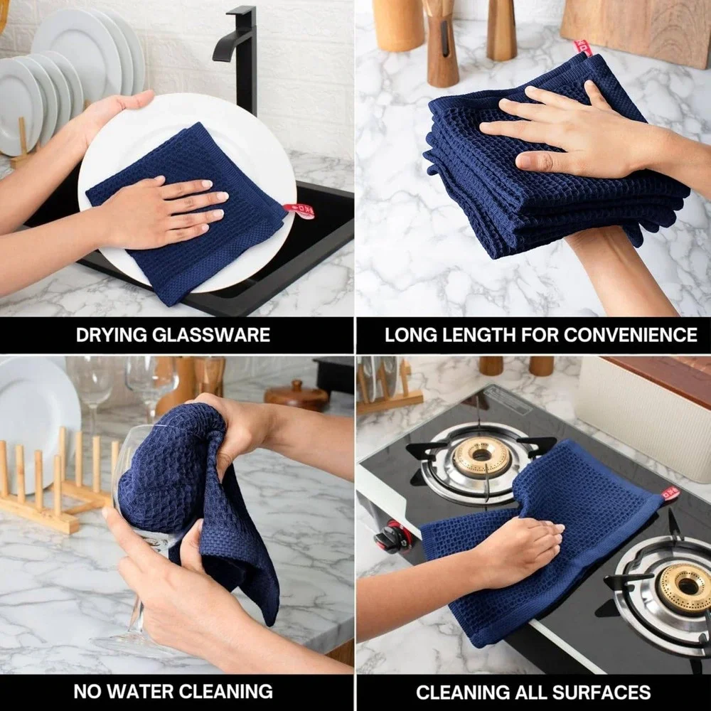 Navy Blue Waffle Weave Kitchen Towels 12x12 100% Cotton Set of 6 Hanging Loop